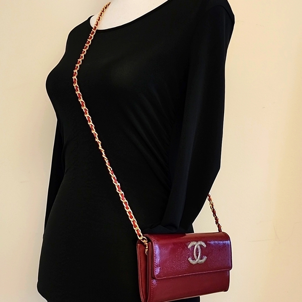 Chanel Continental CC Flap Wallet Purse Glazed Calfskin Entrupy COA Burgundy - Picture 2 of 16